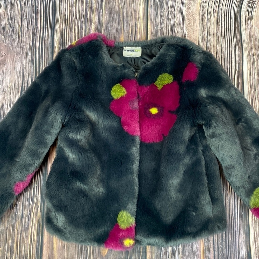 Oshkosh Poly Blend Black Faux Fur Jacket With Pink Flowers- Size 4T